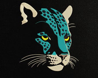 Jaguar Embroidery Design, Leopard Face Machine Embroidery Pattern, Big Cat Wild Animal PES DST JEF Files, Modern Exotic Animal Design.