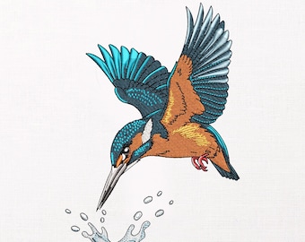 Eisvogel Stickdatei, Maschinenstickmuster, tauchender Vogel, Realistische Naturszene, Wildtiere, Vogel, PES DST JEF VP3