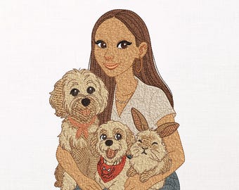 Pet Mom Embroidery Design, Girl with Dogs and Bunny Machine Pattern, Pet Portrait Stitch File, Anime Embroidery, PES DST JEF VP3