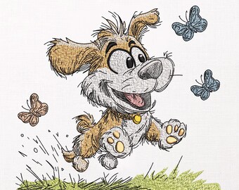Cute Puppy Embroidery Design, Cartoon Dog with Butterflies Machine Pattern, Anime Embroidery File, Digital Download, 9 Sizes in 8 Formats.