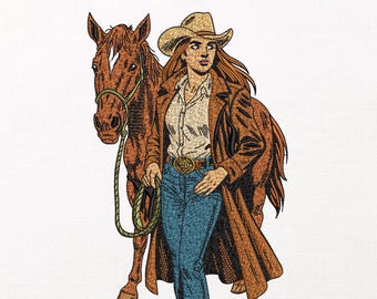 Western Girl with Horse Machine Embroidery Design, Cowgirl Machine Pattern, Country Western Stitch File, Anime Embroidery, PES DST JEF VP3