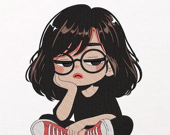 Moody Girl Embroidery Design, Cute Anime Girl Machine Pattern, Bored Girl Glasses Stitch File, Large Jacket Back Design, PES DST JEF