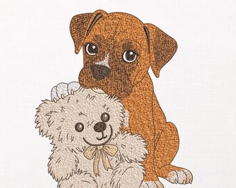 Puppy with Teddy Bear Machine Embroidery Design, Boxer Dog Embroidery Pattern for Jackets, Cute Pet Digital File, Anime Embroidery File.