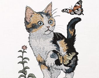 Calico Cat Embroidery Design, Kitten with Butterfly Machine Pattern, Anime Embroidery File, Digital Download, 9 Sizes in 8 Formats.