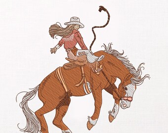 Rodeo Cowgirl Embroidery Design, Western Bronco Riding Pattern, Horse Stitch File, Anime Embroidery, PES DST JEF, Digital File,