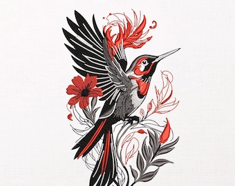 Cute Red Sparrow Machine Embroidery Design, Floral Bird Machine Pattern, Red Bird Anime Embroidery File, Machine PES DST JEF Download