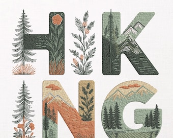 Hiking Machine Embroidery Design, Nature Mountain Landscape Pattern, Outdoor Adventure Stitch File, Large Jacket Back, Machine PES DST JEF