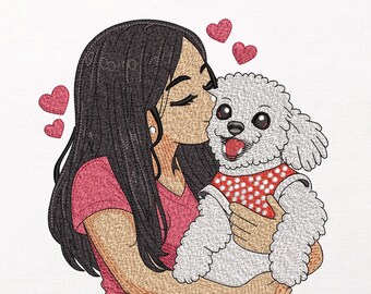 Dog Mom Embroidery Design, Girl Kissing Poodle Machine Pattern, Cute Fluffy Puppy Stitch File, Anime Embroidery, PES DST JEF.