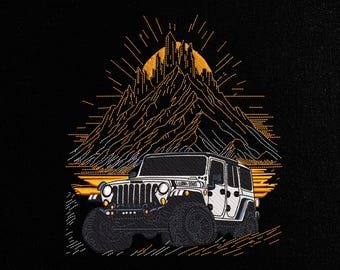 Mountain Jeep Embroidery Design, Off-Road Car Machine Embroidery Pattern, 4x4 SUV Adventure Scene, Camping Nature Art,