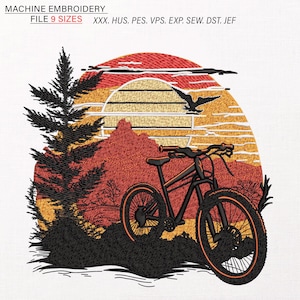 May include: Machine embroidery design featuring a mountain bike silhouetted against a sunset. The design includes a mountain range, trees, and flying birds. The text "MACHINE EMBROIDERY" and "FILE 9 SIZES" are at the top.