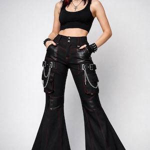 Pantalones acampanados góticos de algodón negro con cadenas – Estilo Alt Punk de cintura alta