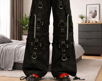 Black Gothic Cargo Pants Cotton Wide Leg Punk Techwear Chains Strap