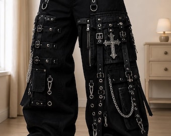 Black Gothic Cotton Cargo Pants Chain Strap Punk Wide Leg Trousers