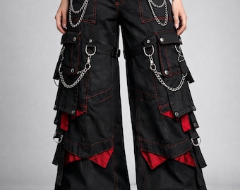 Black Cotton Cargo Pants with Chains | Gothic Techwear Wide Leg Style