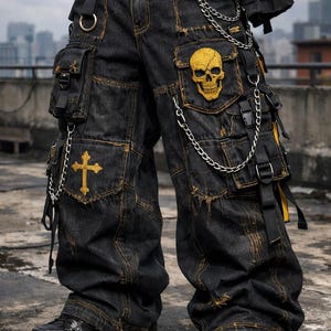 Black Gothic Cargo Pants with Chains Skull Cross Punk Streetwear Jeans
