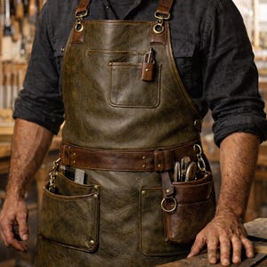 May include: A brown leather apron with multiple pockets and tool holders. The apron has adjustable straps and a belt. The apron is worn over a dark shirt. The apron is designed for woodworking or other craft activities.