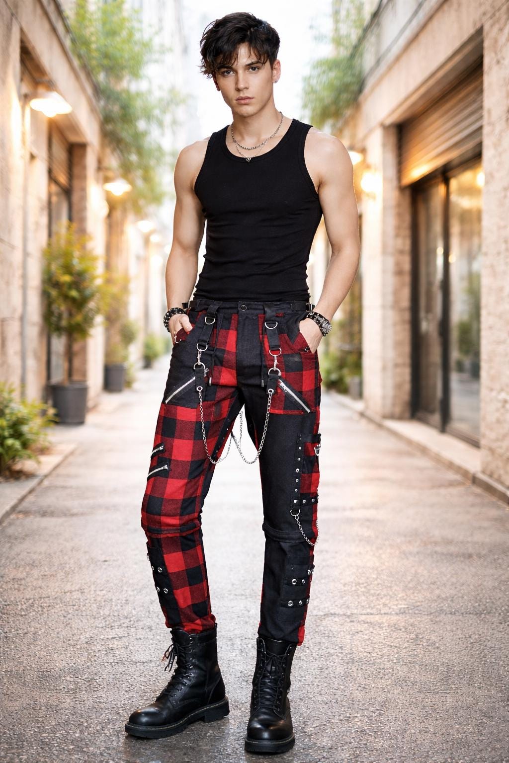 thumbnail interactive-video image 1 of Tiger Of London Men's Yellow Tartan Bondage Pants - Punk Rock Zip Trousers 1 of 5