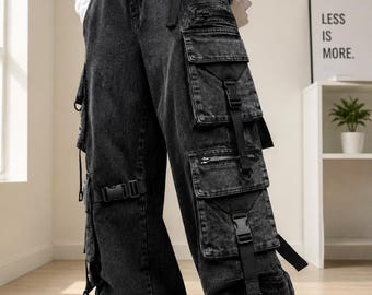 Black Gothic Baggy Cargo Pants for Men Cotton Streetwear Techwear