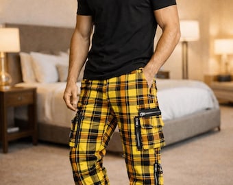 Pantalones cargo de algodón a cuadros hechos a mano para hombre, color amarillo y negro, estilo urbano.