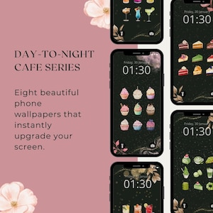 Op de afbeelding: Een promotieafbeelding voor telefoonachtergronden. De afbeelding toont verschillende smartphones met verschillende wallpapers met caféthema. De tekst luidt "DAY-TO-NIGHT CAFE SERIES" en "Eight beautiful phone wallpapers that instantly upgrade your screen."