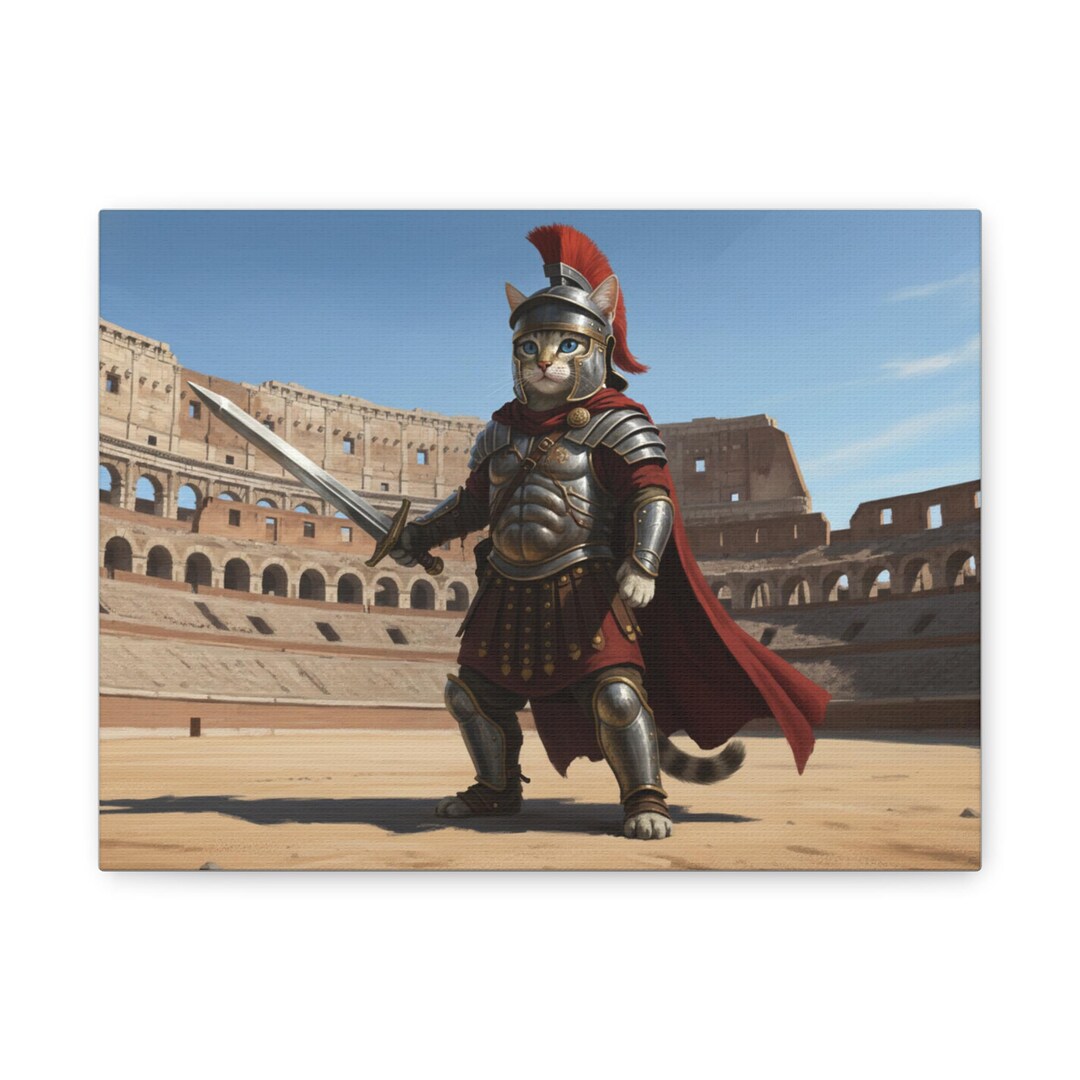 Roman Riding Cat Brave Cat Gladiator Canvas Print, Whimsical Feline Wall Art, Roman ...