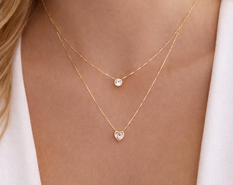 Gelaagde gouden ketting, harthanger zirkonia, minimalistische sieraden
