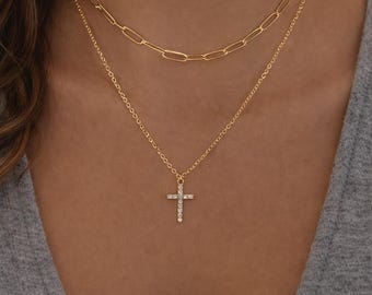 Gold Layered Cross Necklace, Crystal Pendant, Minimalist Jewelry