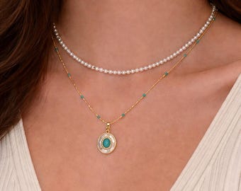 Collar con colgante de perlas y turquesas en capas, joyería bohemia dorada