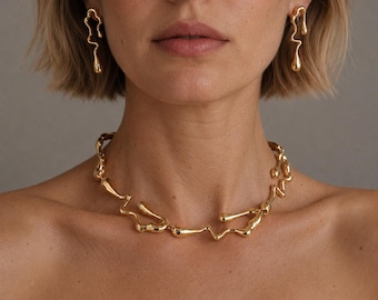 Abstract Gold Choker Necklace and Drop Earrings Set, Sculptural Modern Jewelry
