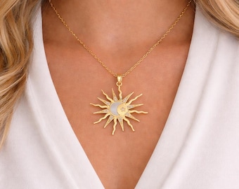 Gold Sun and Moon Pendant Necklace, Celestial Boho Jewelry