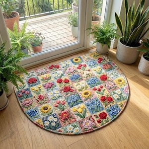 May include: A semi-circular floral rug with a patchwork design. The rug features squares with raised floral patterns, including roses, sunflowers, and daisies, in shades of red, yellow, blue, and white. The rug is placed on a wooden floor near a glass door.