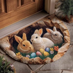 Può includere: Un zerbino a semicerchio con tre coniglietti in un ambiente di grotta rocciosa. Il tappeto ha un bordo a forma di pietra, con uova di Pasqua e fiori colorati. I coniglietti sono in tonalità marroni e bianche, creando un tema primaverile.