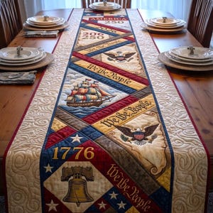 Puede incluir: Camino de mesa acolchado con temática patriótica. El camino de mesa muestra el texto "America 250", "We the People" y "1776". Presenta imágenes de un barco, un águila y la Campana de la Libertad. La paleta de colores incluye rojo, blanco, azul y dorado.