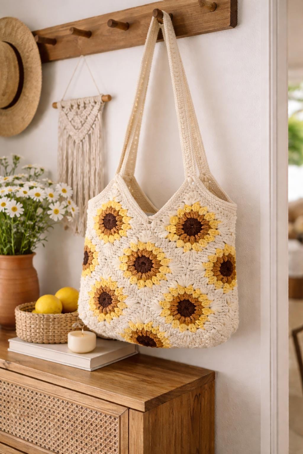 40 Sunflower Granny Square Crochet Patterns for Bright Blankets, Bags, and More 37 Boho Crochet Sunflower Granny Square Tote Bag Pattern (