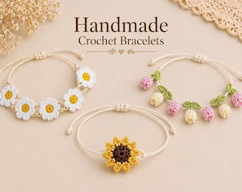 Crochet Flower Bracelet Patterns PDF Bundle, Daisy & Tulip Bracelet, Handmade Jewelry Pattern, Beginner Crochet Bracelet, Instant Download