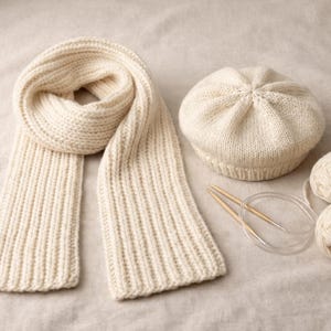 Hand Crafted Cream Knit Beret with Matching Fringe Scarf Knitted Wool Beret Hat and Fringe Scarf Set: Gray Winter  main image 3
