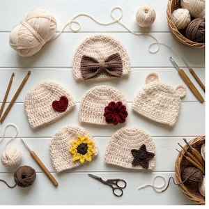 Crochet Baby Beanie Patterns Bundle | 6 Hat Designs with Bow, Heart, Flower, Star (PDF Download)