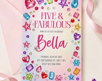 May include: A rectangular birthday invitation card with a pastel gradient background, decorated with colorful illustrations of various gemstone shapes including hearts, stars, and flowers. The text reads FIVE & FABULOUS, JOIN US AS WE CELEBRATE, Bella, SUNDAY, AUGUST 31ST, 123 ANYWHERE ST, ANY CITY, RSVP 123-456-7890.