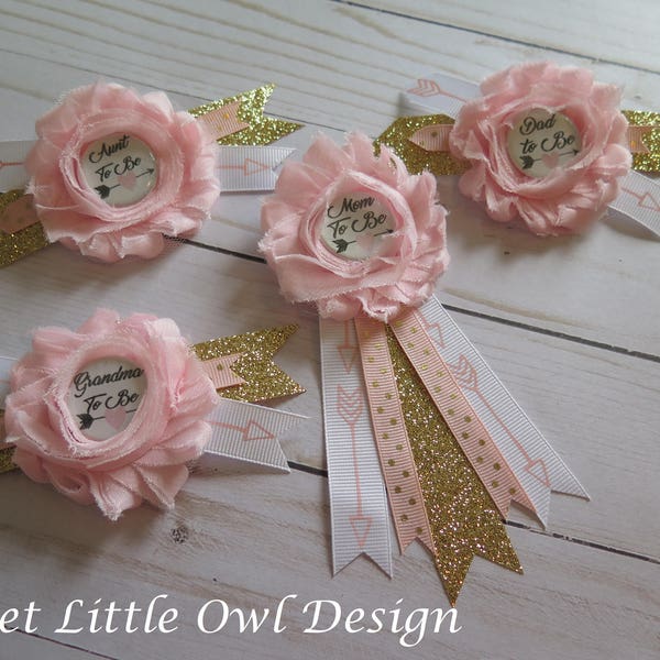 Mom to Be Pin/ Corsage- for BABY SHOWER PIN- Light Pink with Gold glitter and arrow accents, Boho shower theme