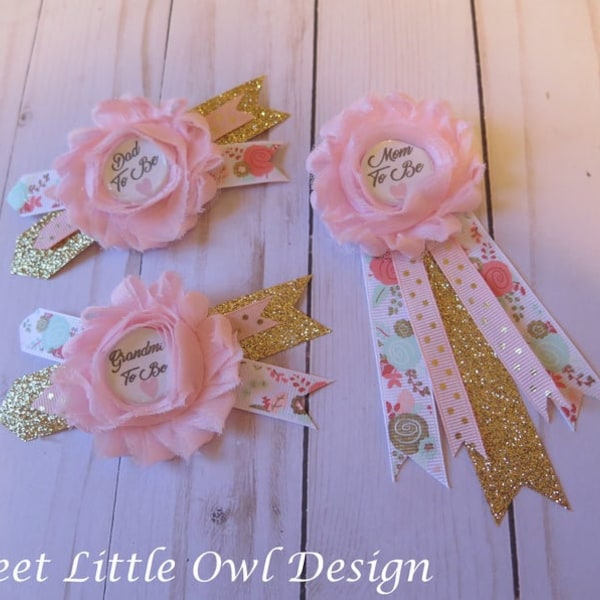 Mom to Be Pin/ Corsage- for BABY SHOWER PIN- Rose/ Floral, Light Pink with Gold glitter accents, Boho shower theme, flower theme shower
