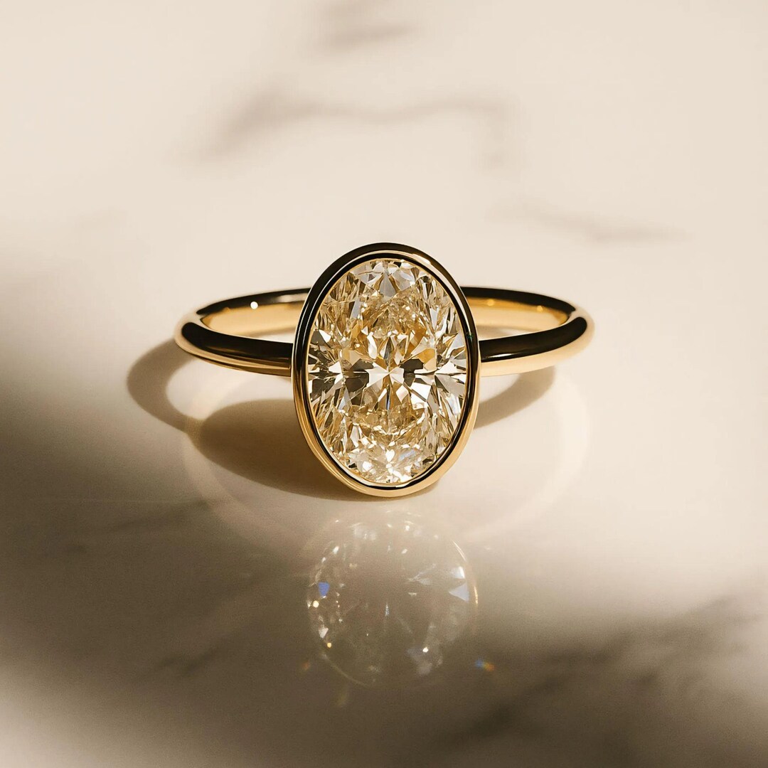 Vintage 2 CT Bezel Set Oval Cut Moissanite Diamond Engagement Ring 14K ...