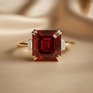Asscher Cut Garnet Promise Solitaire Engagement Ring Side stone Baguette Diamond Anniversary Ring 14K Gold Ring Luxury Wedding Ring gift