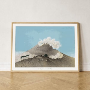May include: A framed print depicting Mount Merapi, a volcano, set against a cloudy sky. The illustration highlights the mountain's rough landscape, with the text "MOUNT MERAPI" at the bottom. The print is presented on a wooden floor.