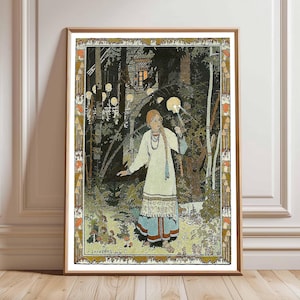 Puede incluir: Una impresión artística enmarcada que presenta a una mujer con un vestido blanco sosteniendo un bastón con orbes brillantes, ambientada en una escena de bosque. La obra de arte tiene un estilo vintage con un borde detallado de setas y follaje, y una paleta de colores cálidos.