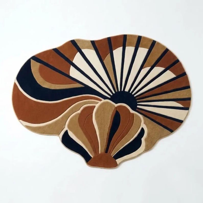 Blue Shell Shapped Rug Hand Tufted Art Deco Sunburst Wool Rug, Coastal Seashell Design, Living ...