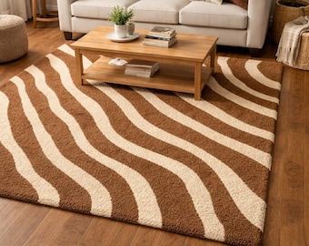 Brown Wavy Hand Tufted Rug, Abstract Swirl Wool Area Rug, Mid Century Modern Decor