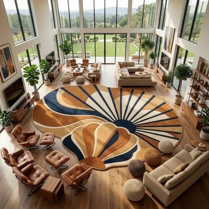 Deco Design Rug Hand Tufted Art Deco Sunburst Wool Rug, Coastal Seashell Design, Living ...