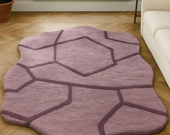 Irregular Tufted Rug, Mauve Abstract Area Rug, Modern Geometric Carpet, Soft Purple Bedroom Decor