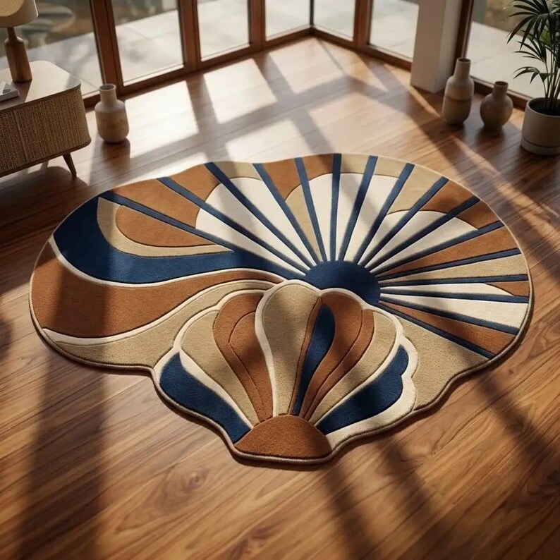 Blue Shell Shapped Rug Hand Tufted Art Deco Sunburst Wool Rug, Coastal Seashell Design, Living ...