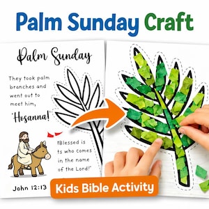 Puede incluir: Una actividad de manualidades del Domingo de Ramos para niños. La imagen muestra una manualidad de hoja de palma parcialmente terminada con cuadrados de papel verde aplicados. El texto incluye "Palm Sunday Craft", "Palm Sunday" y "Kids Bible Activity".